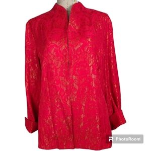 Chico's Size 12 Red Mandarin Collar Shimmery Floral Jacquard Blazer Jacket